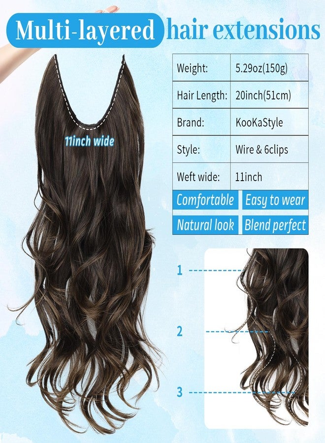 KooKaStyle Invisible Wire Hair Extensions 20"Long Wavy Layered Synthetic Clip in with Transparent Wire Adjustable Size 6 Secure Clips Dark Walnut Brown Thick Hairpieces for Women 20 Inch - Image 3